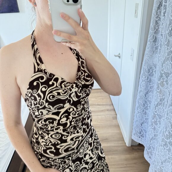 Y2K Ruby Rox Brown Floral Mini Dress Ruched Halter Fairy 90s Asymmetrical Hem S - Picture 2 of 10